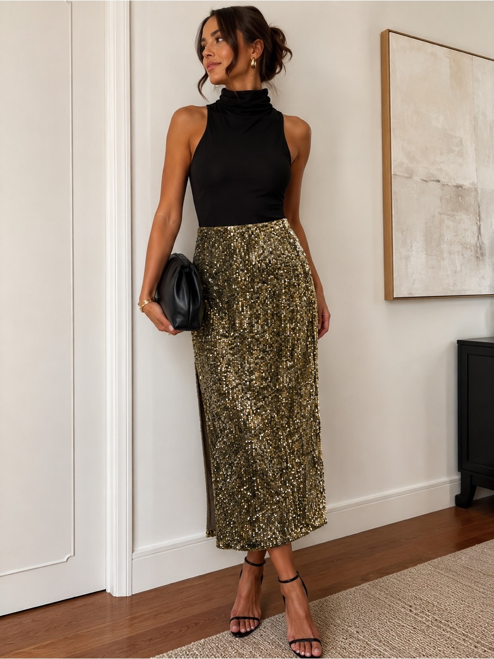 Alice + Olivia Gold Sequin Midi Skirt Size 4 EUC